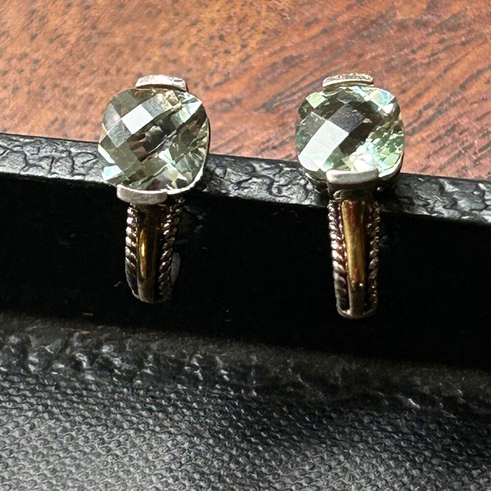 Vintage Aquamarine 925 Sterling + 18K Gold J-Hoop Post Earrings